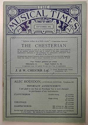 Imagen del vendedor de The Musical Times September 1952 No.1315 / Arthur Jacobs "The London Baroque Ensemble" / David Cherniavsky "Casal's Teaching of the Cello" / Otto Erich Deutsch "Ink-Pot and Squirt-Gun" / Hugo Cole "Nay, Ivy! (sheet-music)" / Ralph Downes "A Chronicle Of The Organ In Buckfast Abbey Church" / The Eighth Cheltenham Festival / Haslemere Festival: 2952 / Gerald Cockshott "Mozart and the Clergyman" a la venta por Shore Books