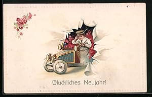 Bild des Verkufers fr Prge-Ansichtskarte Neujahrsgruss, Auto bepackt mit roten Blumen zum Verkauf von Bartko-Reher