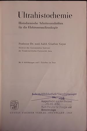 Bild des Verkufers fr Ultrahistochemie. Histochemische Arbeitsvorschriften fr die Elektronenmikroskopie. zum Verkauf von Antiquariat Bookfarm