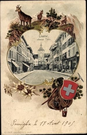 Passepartout Ansichtskarte / Postkarte Liestal Kanton Basel Land Schweiz, oberes Tor, Wappen, Boc...