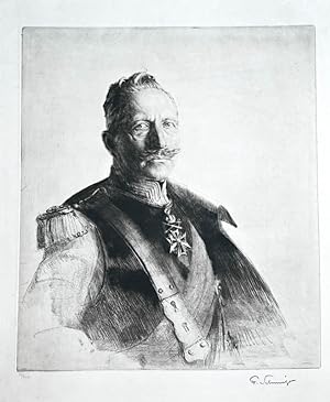 Grosse, numerierte und signierte Radierung. Halb-Portrait, Wilhlm II. in Uniform mit Orden.