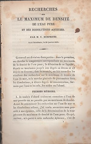 Imagen del vendedor de Recherches sur le maximum de densit de l'eau pure et des dissolutions aqueuses. - Lu  l'Acadmie, le 23 Janvier 1837. a la venta por PRISCA