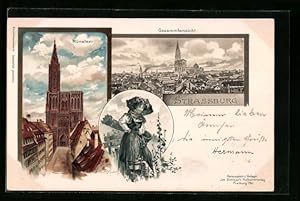 Künstler-Ansichtskarte Carl Münch: Strassburg, Gesamtansicht mit dem Münster, Elsässerin in Tracht
