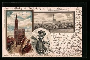 Künstler-Ansichtskarte Carl Münch: Strassburg, Gesamtansicht mit dem Münster, Elsässerin in Tracht