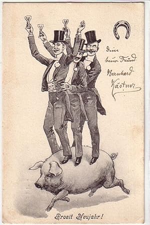 Bild des Verkufers fr 09904 Humor Ak 3 Herren im Frack auf einem Schwein 1902 zum Verkauf von Versandhandel fr Sammler