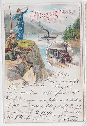 Bild des Verkufers fr 13562 Pfingst Ak Lithographie Eisenbahn und Raddampfer 1912 zum Verkauf von Versandhandel fr Sammler