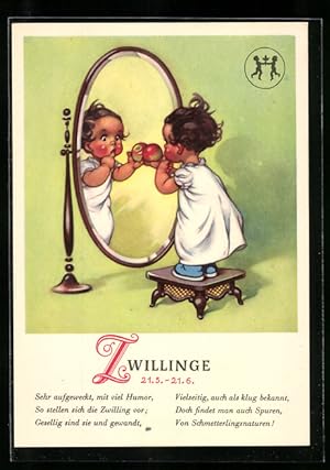 Bild des Verkufers fr Ansichtskarte Charakterisierung des Sternzeichens Zwillinge, Kind vorm Spiegel zum Verkauf von Bartko-Reher
