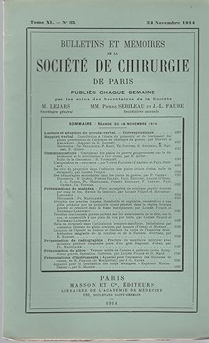 Seller image for Bulletin et Mmoires de la Socit de chirurgie de Paris. - Tome XL - N 35 - 24 Novembre 1914. for sale by PRISCA
