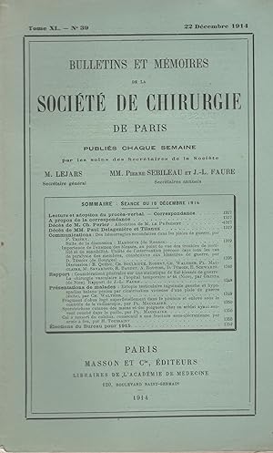 Seller image for Bulletins et Mmoires de la Socit de Chirurgie de Paris. - Tome XL - N 39 - 22 Dcembre 1914. for sale by PRISCA