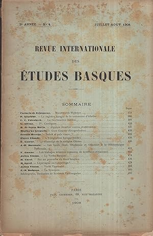 Imagen del vendedor de Revue Internationale des tudes Basques. - 2 Anne - N 4 - Juillet/Aot 1908. a la venta por PRISCA