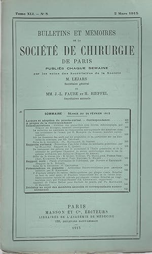 Seller image for Bulletins et Mmoires de la Socit de chirurgie de Paris. - Tome XLI - N 8 - 2 Mars 1915. for sale by PRISCA