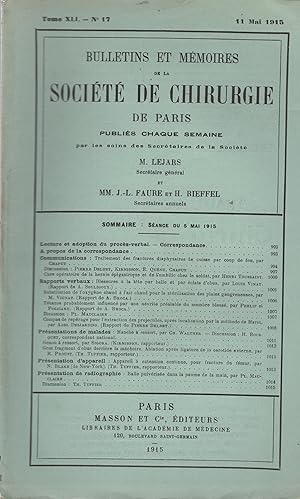 Seller image for Bulletins et Mmoires de la Socit de Chirurgie de Paris. - Tome XLI - N 17 - 11 Mai 1915. for sale by PRISCA