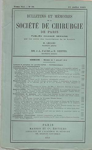 Seller image for Bulletin et Mmoires de la Socit de chirurgie de Paris. - Tome XLI - N 26 - 13 Juillet 1915. for sale by PRISCA