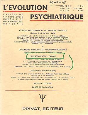 Seller image for L'Evolution Psychiatrique tome XXXIX (39) - fascicule I - anne 1974 for sale by PRISCA