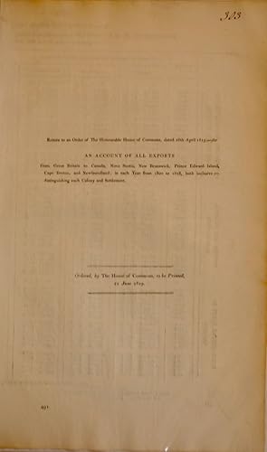 Imagen del vendedor de Return to an order of the honourable House of commons, dated 28th april 1819. For an account of all exports from Great Britain to Canada, Nova Scotia, New Brunswick, Prince Edward Island, Cape Breton and Newfoundland. In each year from 1800 to 1818, both inclusive. Distinguishing each colony and settlement a la venta por Librairie Michel Morisset, (CLAQ, ABAC, ILAB)