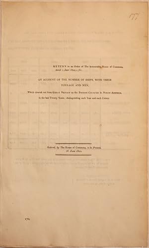 Imagen del vendedor de Return to an order from the honourable The House of commons, dated 1 June 1820 for an account of the number of ships, with their tonnage and men, which cleared out from Great Britain to the British colonies in North America, in the last twenty years. Distinguishing each year and colonies a la venta por Librairie Michel Morisset, (CLAQ, ABAC, ILAB)