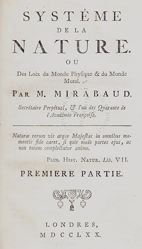 Seller image for Systme de la nature. / ou / Des Loix du Monde Physique & du Monde Moral. Par M. Mirabaud. for sale by Galerie Magnet GmbH