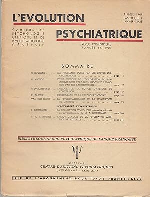 Seller image for L'volution Psychiatrique - Cahiers de Psychologie clinique et de Psychopathologie gnrale - Fascicule I - Anne 1949. for sale by PRISCA