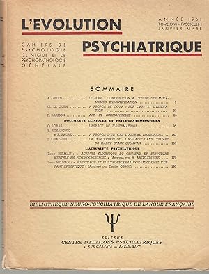 Imagen del vendedor de L'volution Psychiatrique - Cahiers de Psychologie clinique et de Psychopathologie gnrale - Tome XXVI - Fascicule I - Anne 1961. a la venta por PRISCA