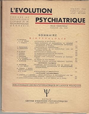 Image du vendeur pour L'volution Psychiatrique - Cahiers de Psychologie clinique et de Psychopathologie gnrale - Fascicule III - Anne 1954 mis en vente par PRISCA