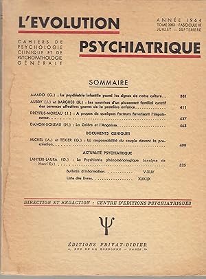 Bild des Verkufers fr L'volution Psychiatrique - Cahiers de Psychologie clinique et de Psychopathologie gnrale - Tome XXIX - Fascicule III - Anne 1964. zum Verkauf von PRISCA