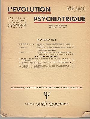 Bild des Verkufers fr L'volution Psychiatrique - Cahiers de Psychologie clinique et de Psychopathologie gnrale - Tome XXV - Fascicule II - Anne 1960 zum Verkauf von PRISCA