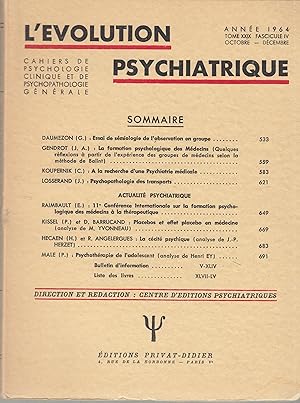 Bild des Verkufers fr L'volution Psychiatrique - Cahiers de Psychologie clinique et de Psychopathologie gnrale - Tome XXIX - Fascicule IV - Anne 1964. zum Verkauf von PRISCA