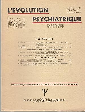 Immagine del venditore per L'volution Psychiatrique - Cahiers de Psychologie clinique et de Psychopathologie gnrale - Fascicule I - Anne 1959. venduto da PRISCA