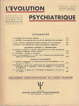 Seller image for L'Évolution Psychiatrique - Cahiers de Psychologie clinique et de Psychopathologie générale - Tome XXVII - Fascicule III - Année 1962. for sale by PRISCA