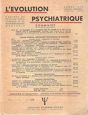 Immagine del venditore per L'Evolution Psychiatrique tome XXXV (35) - fascicule I (1) - anne 1970 venduto da PRISCA