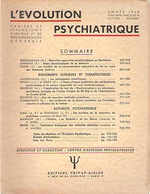 Immagine del venditore per L'Evolution Psychiatrique tome XXXIII (33) - fascicule IV (4) - anne 1968 - Octobre - Dcembre venduto da PRISCA