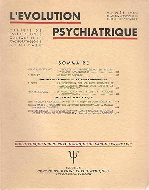 Image du vendeur pour L'Evolution Psychiatrique tome XXV (25) - fascicule III (3) - anne 1960 mis en vente par PRISCA