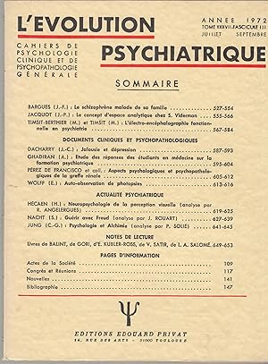 Bild des Verkufers fr L'volution Psychiatrique - Cahiers de Psychologie clinique et de Psychopathologie gnrale - Tome XXXVII - Fascicule III - Anne 1972. zum Verkauf von PRISCA