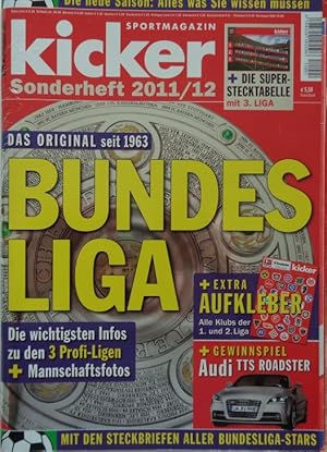 Imagen del vendedor de kicker sportmagazin Sonderheft BUNDESLIGA 2011/12. Beilage: Der aktuelle Winter-Nachtrag zum Bundesliga-Sonderheft (15 Seiten) + Aufkleber mit allen Mannschaftswappen. a la venta por Antiquariat Ursula Hartmann