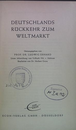 Bild des Verkufers fr Deutschlands Rckkehr zum Weltmarkt. zum Verkauf von books4less (Versandantiquariat Petra Gros GmbH & Co. KG)