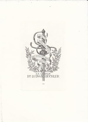 Bild des Verkufers fr Ex Libris Dr. Ludwig Bchler. Schwert, Schriftband und Lorbeer. zum Verkauf von Antiquariat  Braun
