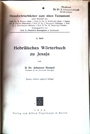 Bild des Verkufers fr Hebrisches Wrterbuch zu Jesaja. Einzelwrterbcher zum Alten Testament, 2. Heft. zum Verkauf von books4less (Versandantiquariat Petra Gros GmbH & Co. KG)