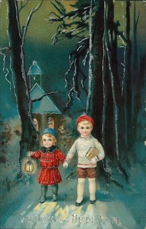 Glitzer Ansichtskarte / Postkarte Glückwunsch Neujahr, Kinder im Wald, Handlaterne - EAS 2361