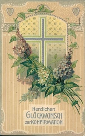 Präge Ansichtskarte / Postkarte Glückwunsch Konfirmation, Kreuz, Blumen