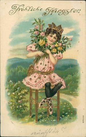 Präge Glitzer Ansichtskarte / Postkarte Glückwunsch Pfingsten, Mädchen mit Blumenstrauß