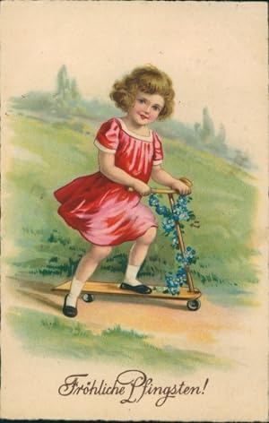 Ansichtskarte / Postkarte Glückwunsch Pfingsten, Mädchen fährt Roller, Vergissmeinnicht