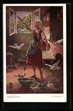 Künstler-Ansichtskarte Otto Kubel: Aschenbrödel, die Tauben helfen dem Mädchen beim Auflesen der ...