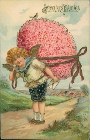 Präge Glitzer Ansichtskarte / Postkarte Glückwunsch Ostern, Engel, Blumen, Osterei