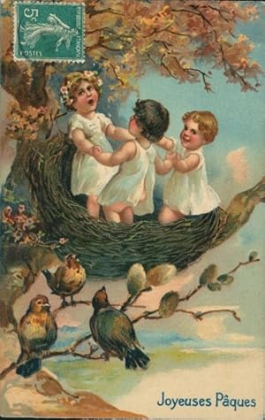 Präge Ansichtskarte / Postkarte Glückwunsch Ostern, Kinder im Vogelnest, Weidenkätzchen