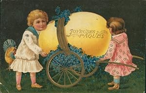 Präge Ansichtskarte / Postkarte Glückwunsch Ostern, Kinder, Osterei, Schubkarre, Henne