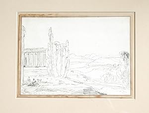 Original-Zeichnung in schwarzer Tusche. Blick über weite Landschaft mit Säulen-Pavillon links.