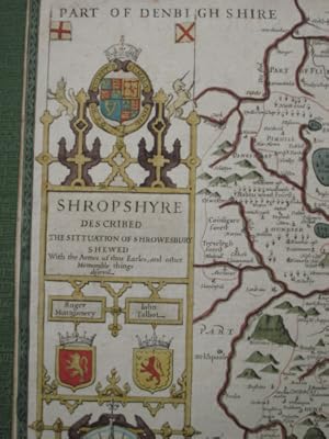 Shropshyre [Shropshire], Described, The Sittuation of Shrowesbury Shewed, with the Arms of thos E...
