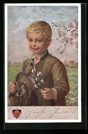 Bild des Verkufers fr Knstler-Ansichtskarte Deutscher Schulverein Nr. 146: Knabe in Tracht der Alpen wnscht frohe Ostern zum Verkauf von Bartko-Reher