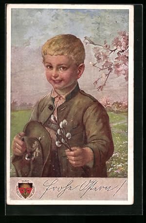 Bild des Verkufers fr Knstler-Ansichtskarte Deutscher Schulverein Nr. 146: Knabe in Tracht der Alpen wnscht frohe Ostern zum Verkauf von Bartko-Reher