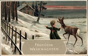 Ansichtskarte / Postkarte Glückwunsch Neujahr, Winterlandschaft, Mädchen mit Reh, Glocke, Haus, W...